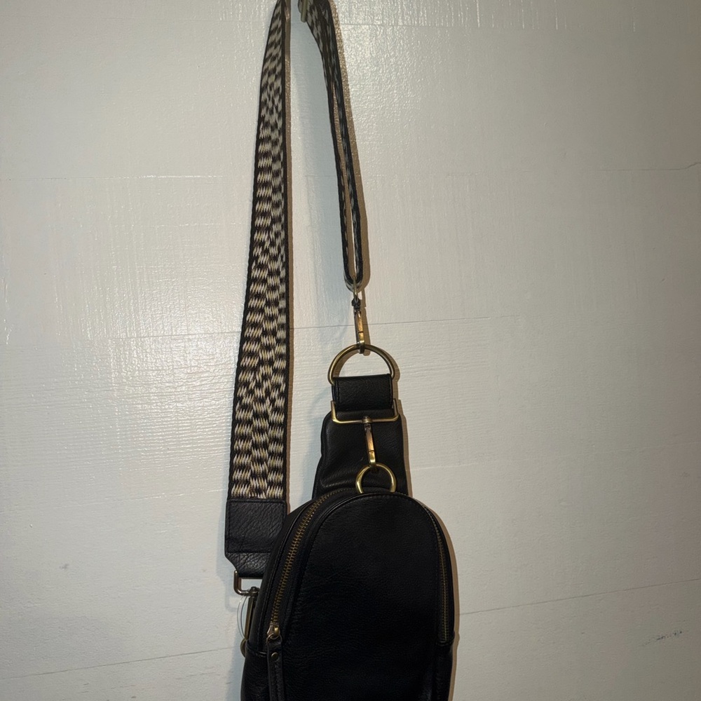 Anthropologie Black Leather Crossbody with Patterned Strap